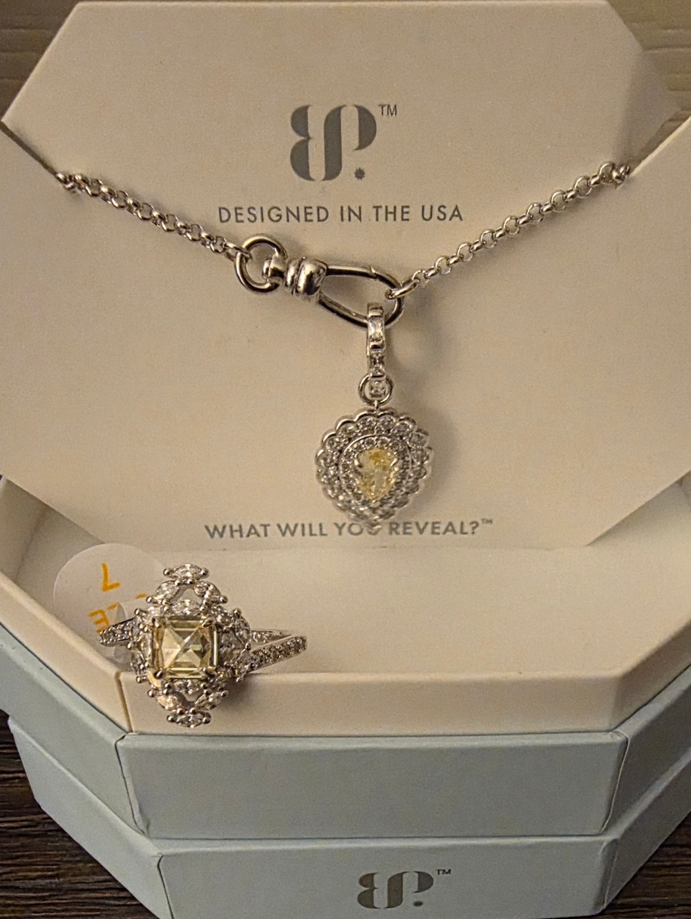 BP  Silver Necklace with Yellow Lemon Center Pear Pendant